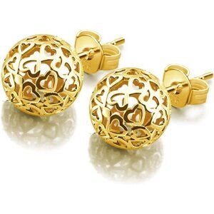 Women's Hollow Pattern Ball Pendant Stud Sterling Gold Earrings Jewelry